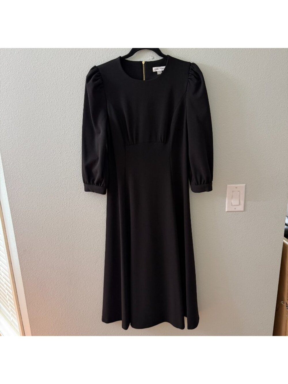 Calvin Klein Black 3/4 Puff Sleeve Fit & Flare Midi Dress Womens 2 LBD Modest